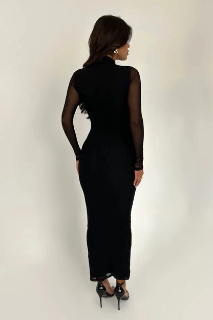 Elegant Dresses- Elegant Ruched Dress with Sheer Sleeves- - IndioGear.com