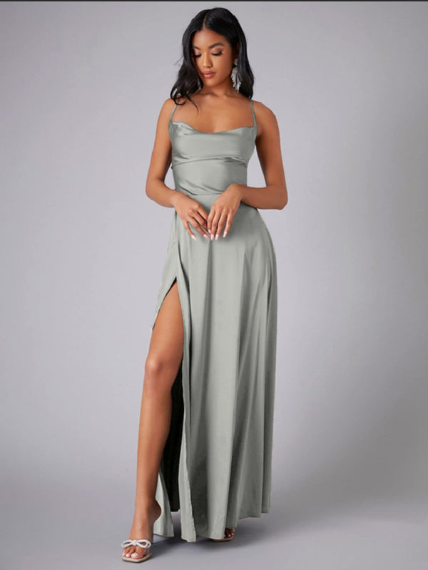 Elegant Dresses- Elegant Satin Evening Gown Backless Floor-Length Dress- Grey- IndioGear Women Clothing