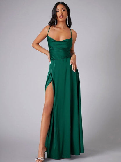 Elegant Dresses- Elegant Satin Evening Gown Backless Floor-Length Dress- Green- IndioGear Women Clothing