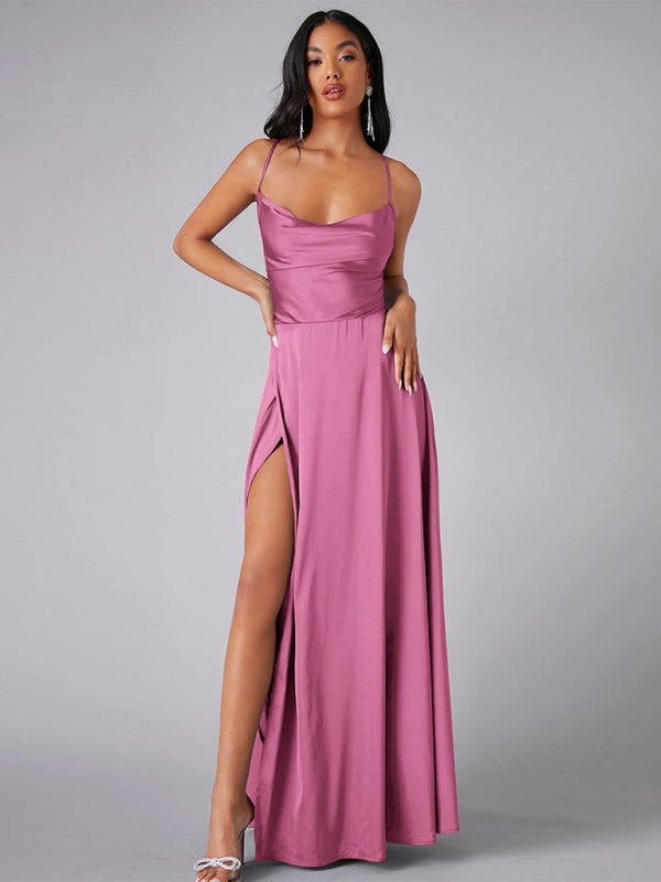 Elegant Dresses- Elegant Satin Evening Gown Backless Floor-Length Dress- Pink- IndioGear Women Clothing