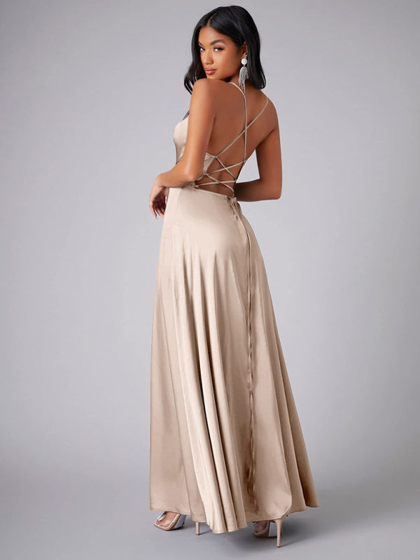 Elegant Dresses- Elegant Satin Evening Gown Backless Floor-Length Dress- - IndioGear Women Clothing