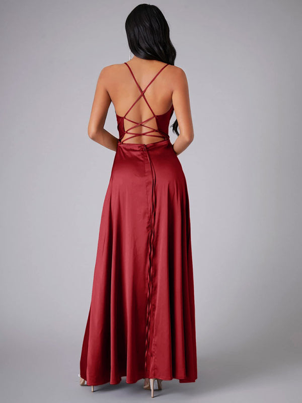 Elegant Dresses- Elegant Satin Evening Gown Backless Floor-Length Dress- - IndioGear Women Clothing