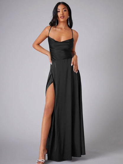 Elegant Dresses- Elegant Satin Evening Gown Backless Floor-Length Dress- Black- IndioGear Women Clothing