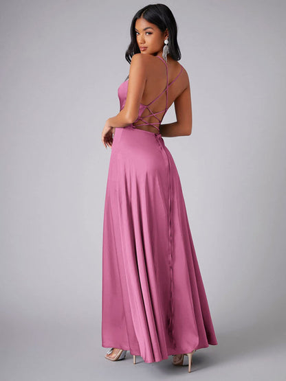 Elegant Dresses- Elegant Satin Evening Gown Backless Floor-Length Dress- - IndioGear Women Clothing