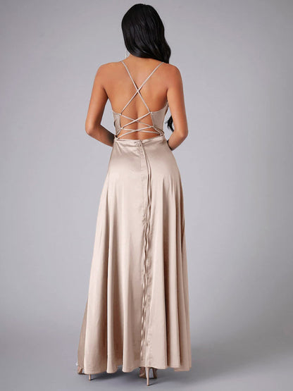 Elegant Dresses- Elegant Satin Evening Gown Backless Floor-Length Dress- - IndioGear Women Clothing