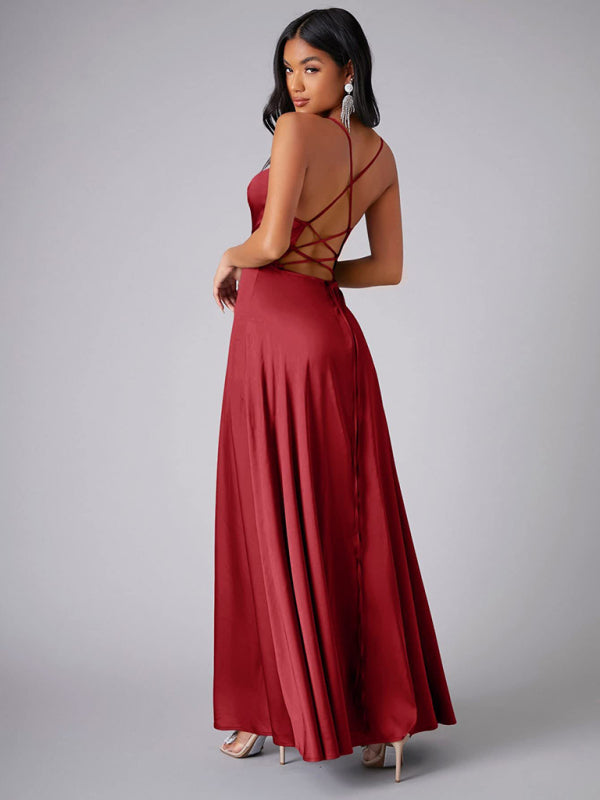 Elegant Dresses- Elegant Satin Evening Gown Backless Floor-Length Dress- - IndioGear Women Clothing