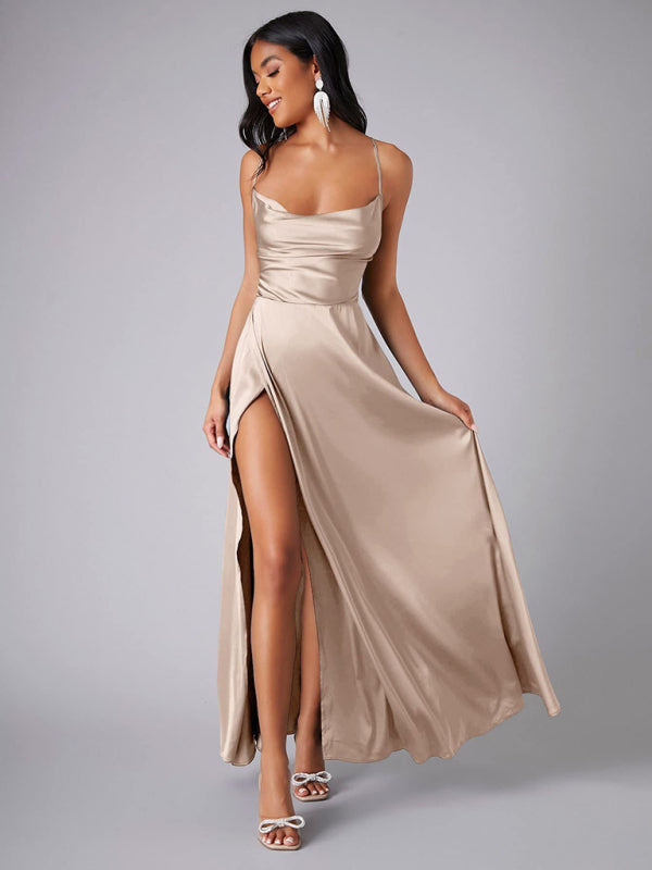 Elegant Dresses- Elegant Satin Evening Gown Backless Floor-Length Dress- - IndioGear Women Clothing