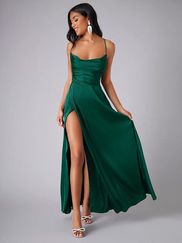 Elegant Dresses- Elegant Satin Evening Gown Backless Floor-Length Dress- - IndioGear Women Clothing