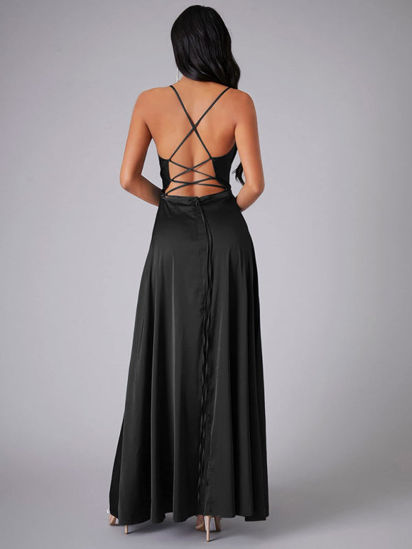 Elegant Dresses- Elegant Satin Evening Gown Backless Floor-Length Dress- - IndioGear Women Clothing