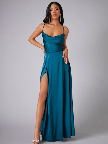 Elegant Dresses- Elegant Satin Evening Gown Backless Floor-Length Dress- Acid blue- IndioGear Women Clothing