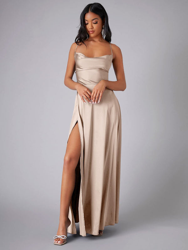 Elegant Dresses- Elegant Satin Evening Gown Backless Floor-Length Dress- - IndioGear Women Clothing