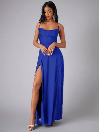 Elegant Dresses- Elegant Satin Evening Gown Backless Floor-Length Dress- Blue- IndioGear Women Clothing