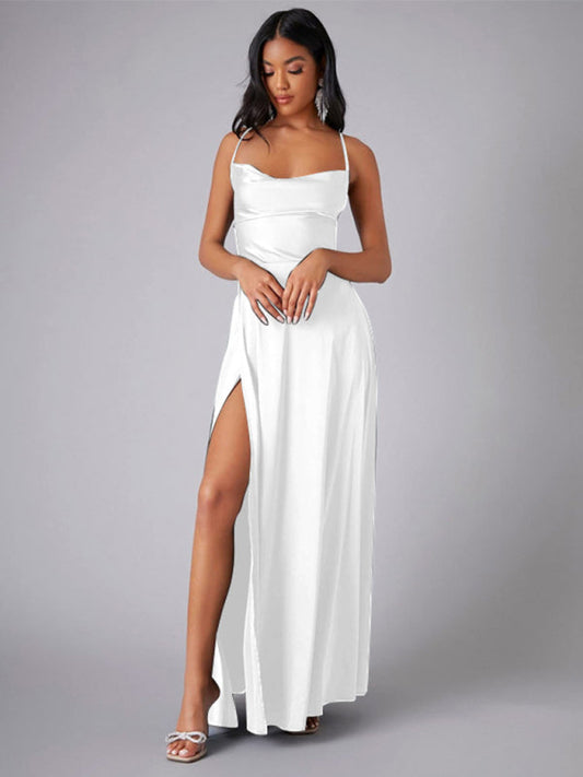 Elegant Dresses- Elegant Satin Evening Gown Backless Floor-Length Dress- White- IndioGear Women Clothing