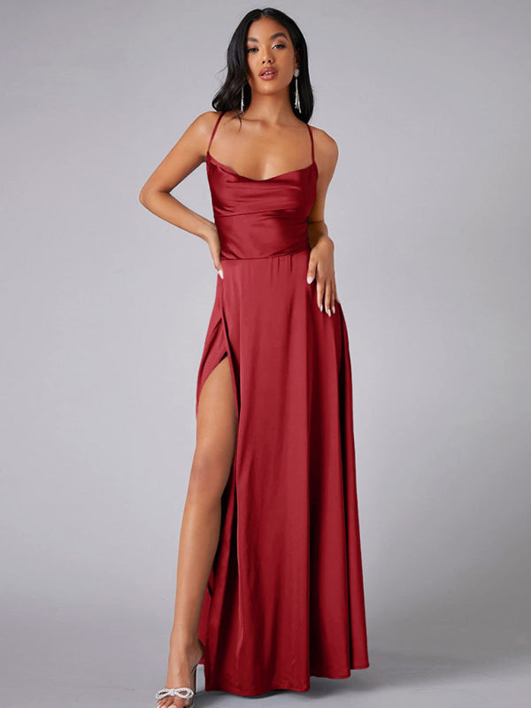 Elegant Dresses- Elegant Satin Evening Gown Backless Floor-Length Dress- Red- IndioGear Women Clothing