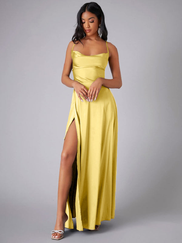 Elegant Dresses- Elegant Satin Evening Gown Backless Floor-Length Dress- Yellow- IndioGear Women Clothing