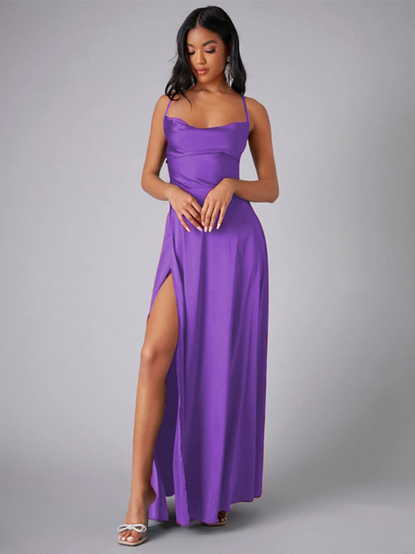 Elegant Dresses- Elegant Satin Evening Gown Backless Floor-Length Dress- Purple- IndioGear Women Clothing