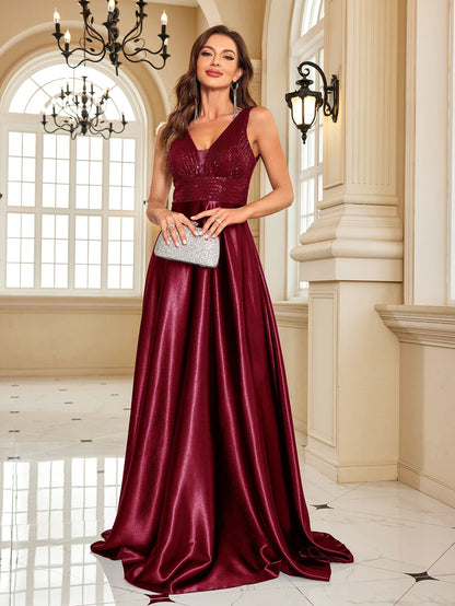 Elegant Dresses- Elegant Satin & Sequin Gown - Evening Dress- - Chuzko Women Clothing