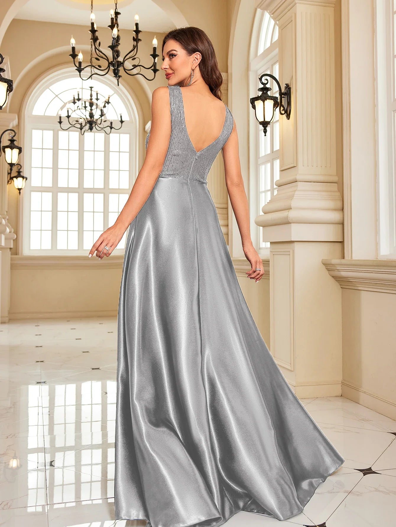 Elegant Dresses- Elegant Satin & Sequin Gown - Evening Dress- - Chuzko Women Clothing