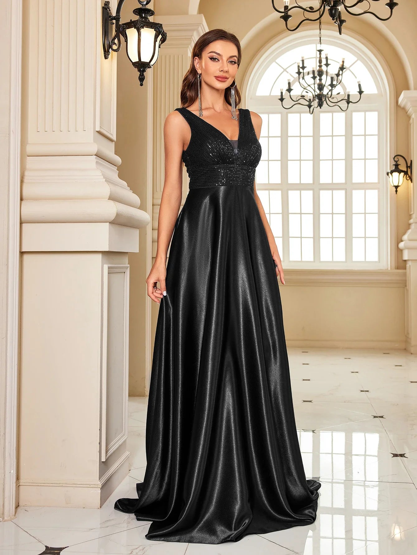 Elegant Dresses- Elegant Satin & Sequin Gown - Evening Dress- - Chuzko Women Clothing