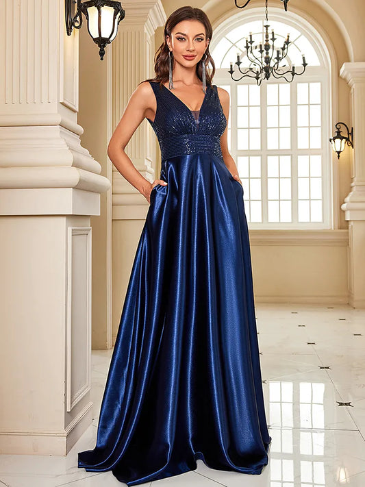 Elegant Dresses- Elegant Satin & Sequin Gown - Evening Dress- - Chuzko Women Clothing