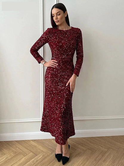 Elegant Dresses- Elegant Sequin Sparkle Winter Midi Dress- Wine Red- IndioGear Women Clothing