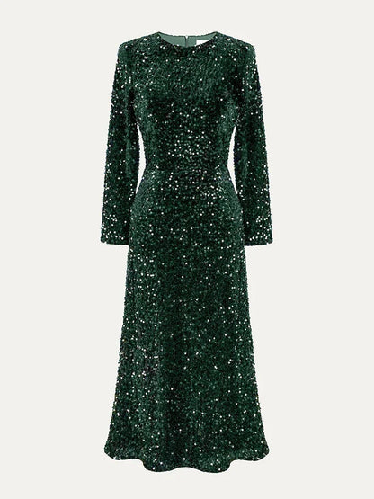 Elegant Dresses- Elegant Sequin Sparkle Winter Midi Dress- Green- IndioGear Women Clothing