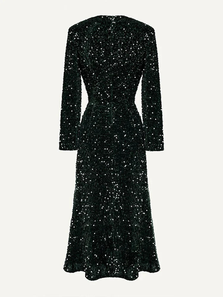 Elegant Dresses- Elegant Sequin Sparkle Winter Midi Dress- - IndioGear Women Clothing