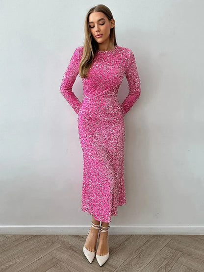 Elegant Dresses- Elegant Sequin Sparkle Winter Midi Dress- - IndioGear Women Clothing