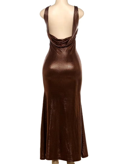 Elegant Dresses- Elegant Sparkling Evening Dress with Dramatic Cowl Back- - IndioGear