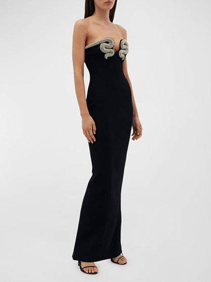 Elegant Dresses- Elegant Strapless Rhinestone Gown Tube Evening Dress- - IndioGear Women Clothing