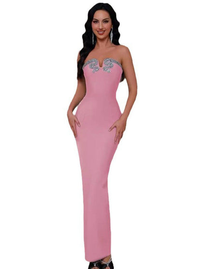 Elegant Dresses- Elegant Strapless Rhinestone Gown Tube Evening Dress- - IndioGear Women Clothing