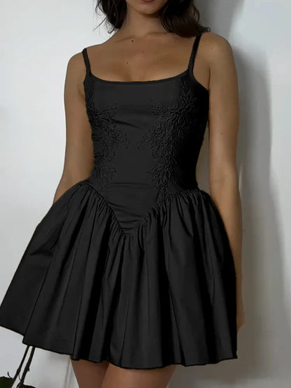 Elegant Dresses- Elegant Summer Embroidered Skater Dress- Black- IndioGear.com