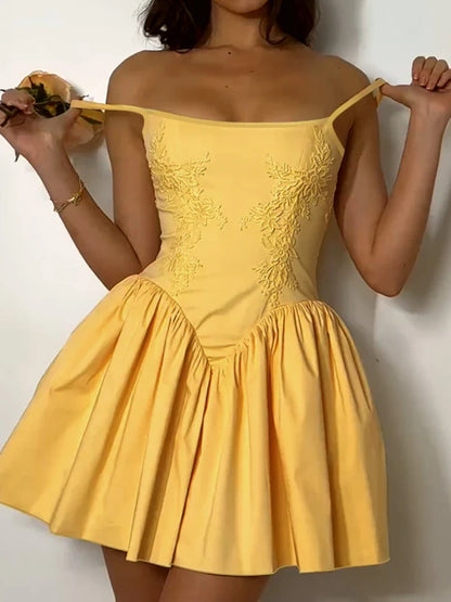 Elegant Dresses- Elegant Summer Embroidered Skater Dress- Yellow- IndioGear.com