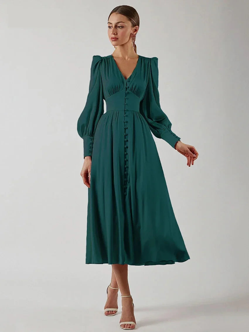 Elegant Dresses- Elegant Teal Mid-Length Dress for Evening Receptions- Dark Green- IndioGear.com