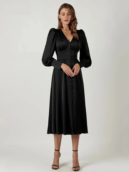 Elegant Dresses- Elegant Teal Mid-Length Dress for Evening Receptions- Black- IndioGear.com