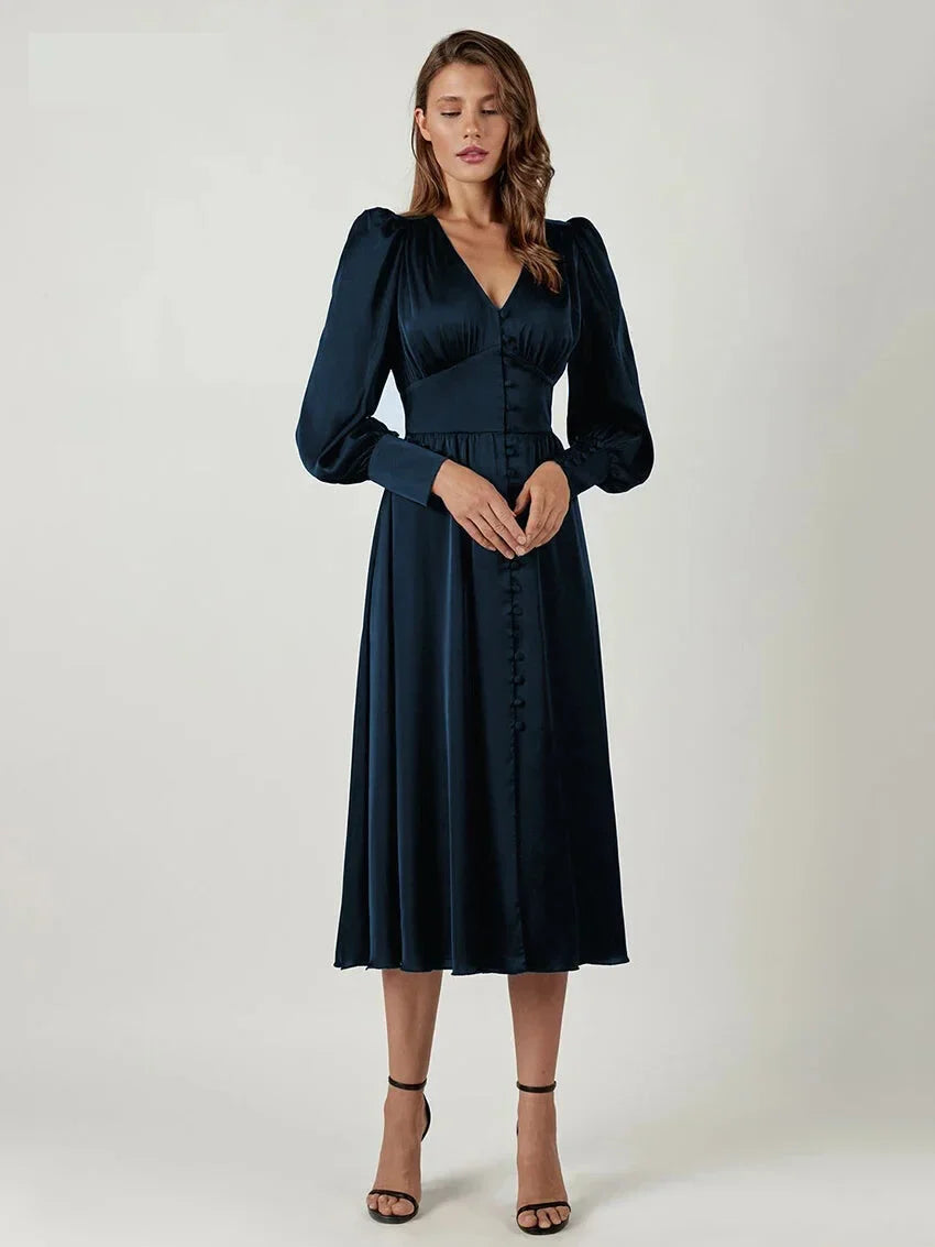 Elegant Dresses- Elegant Teal Mid-Length Dress for Evening Receptions- Dark Blue- IndioGear.com