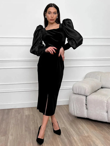 Elegant Dresses- Elegant Velvet Midi Dress for Gala and Cocktail Evenings- - IndioGear.com