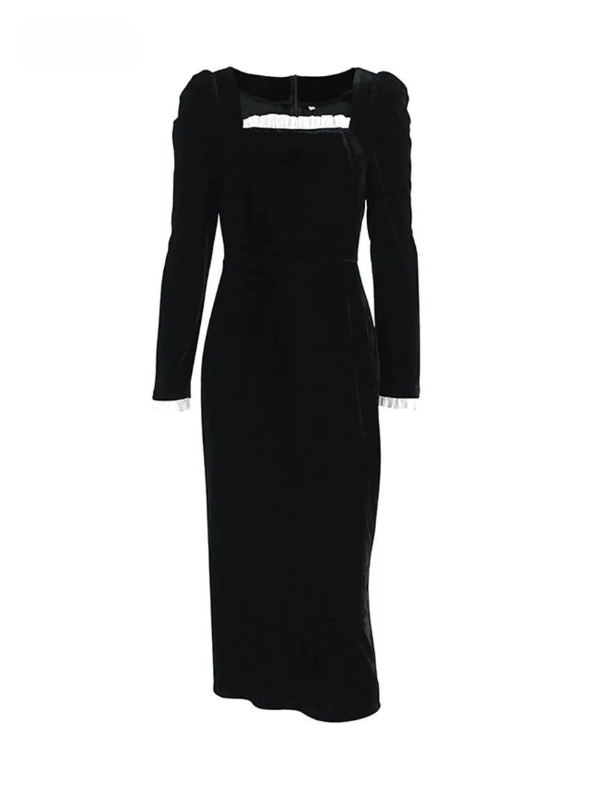 Elegant Dresses- Elegant Velvet Midi Dress with Puff Sleeves- - IndioGear.com