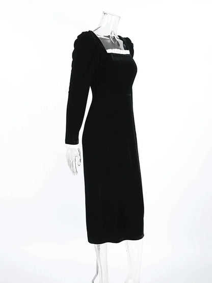 Elegant Dresses- Elegant Velvet Midi Dress with Puff Sleeves- - IndioGear.com