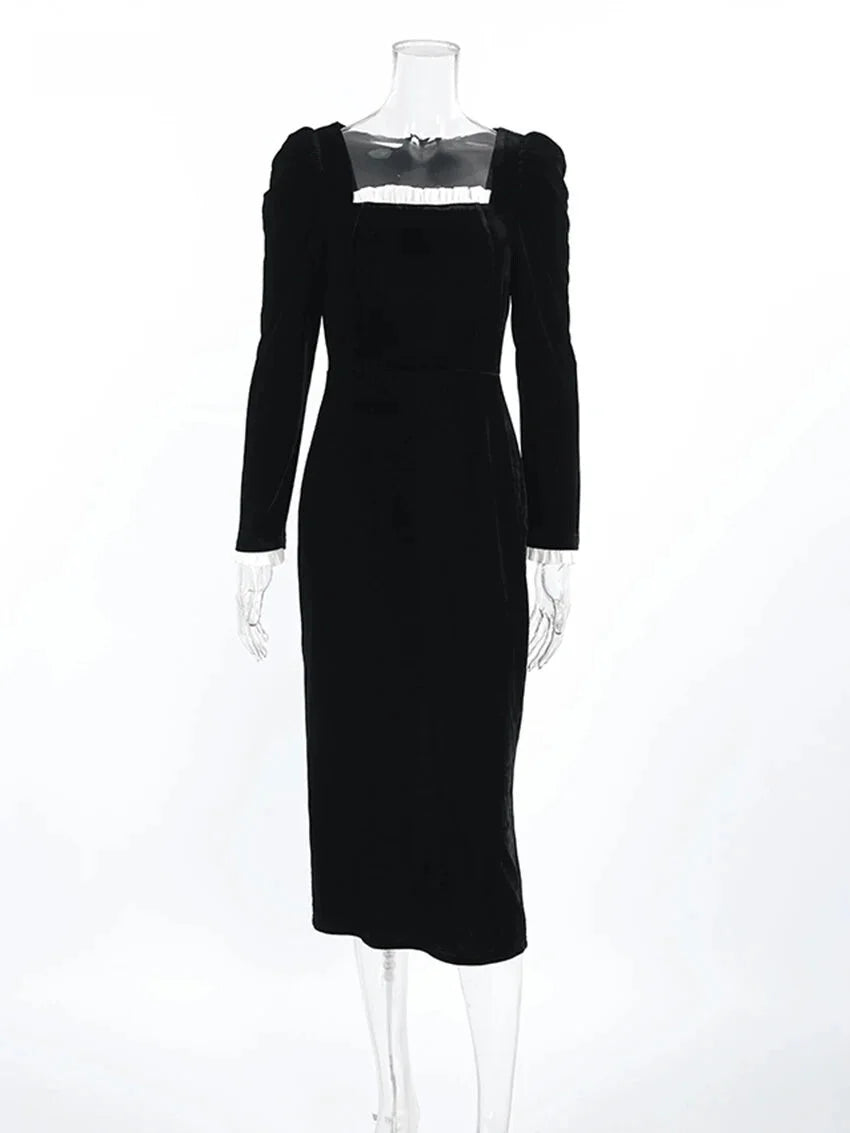 Elegant Dresses- Elegant Velvet Midi Dress with Puff Sleeves- - IndioGear.com