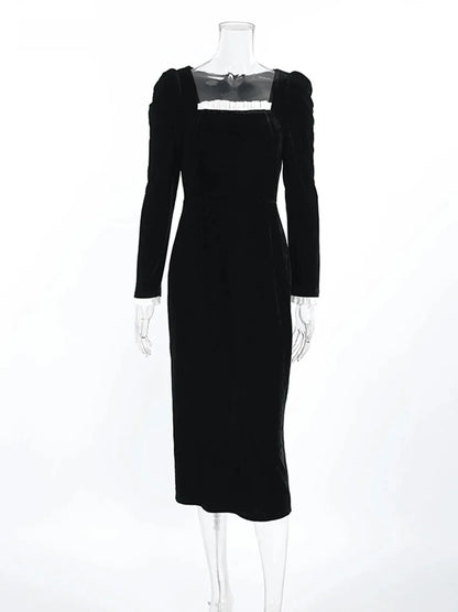 Elegant Dresses- Elegant Velvet Midi Dress with Puff Sleeves- - IndioGear.com