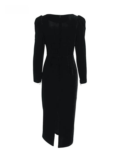 Elegant Dresses- Elegant Velvet Midi Dress with Puff Sleeves- - IndioGear.com