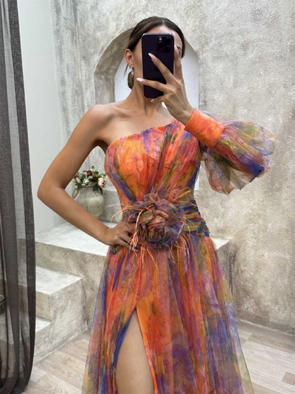 Elegant Dresses- Elegant Watercolor Gown - One-Shoulder Prom Dress- Orange- IndioGear.com