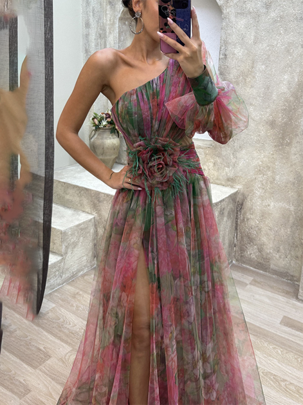 Elegant Dresses- Elegant Watercolor Gown - One-Shoulder Prom Dress- - IndioGear.com