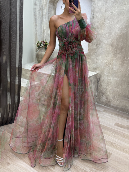 Elegant Dresses- Elegant Watercolor Gown - One-Shoulder Prom Dress- Red- IndioGear.com