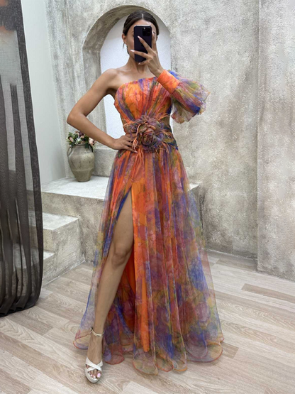 Elegant Dresses- Elegant Watercolor Gown - One-Shoulder Prom Dress- - IndioGear.com