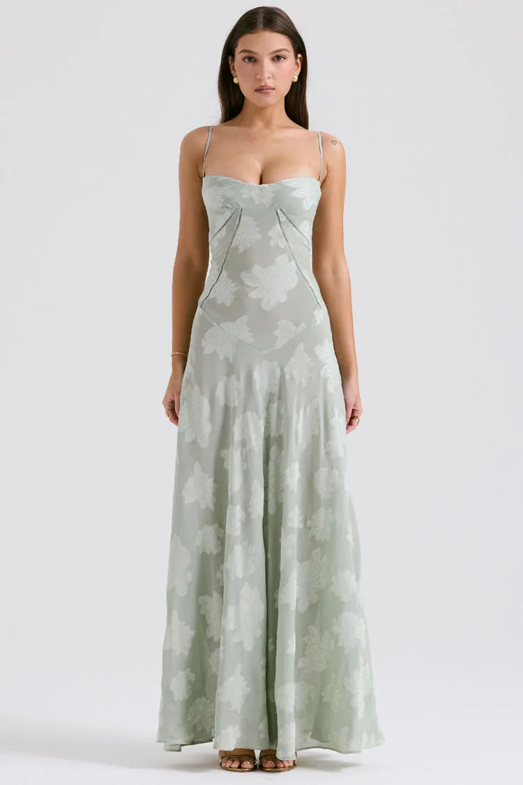 Elegant Dresses- Elegant Wedding Guest Maxi Dress Floral Jacquard Summer Gown- Green- IndioGear.com