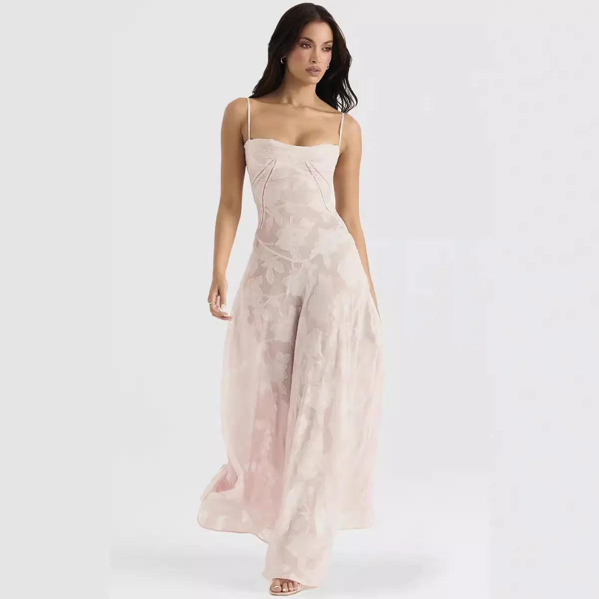 Elegant Dresses- Elegant Wedding Guest Maxi Dress Floral Jacquard Summer Gown- Pink- IndioGear.com