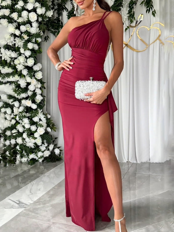 Elegant Dresses- Evening One-Shoulder Slit Maxi Dress for Elegant Occasions- Wine Red- IndioGear Fashion and Gear