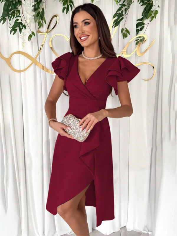 Elegant Dresses- Flounce Elegance A-Line Surplice V-Neck Cocktail Dress- Wine Red- IndioGear Fashion and Gear